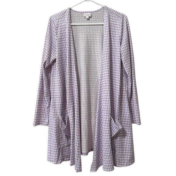 LulaRoe Women Size Large Open Front Cardigan Pockets Purple White Teacher Spring - Picture 1 of 12